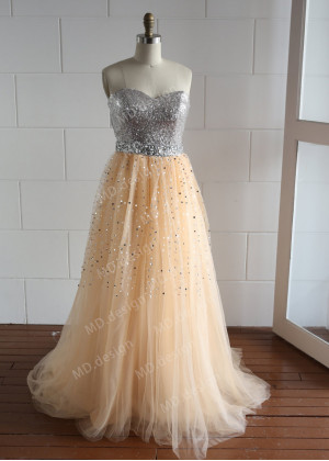 Silver Sequin Champagne Tulle Beaded Long Prom Dress